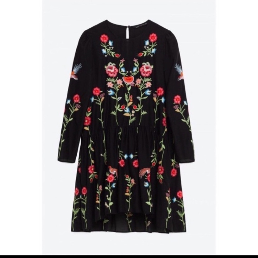Zara Woman Black Floral Embroidered Tiered Mini Dress